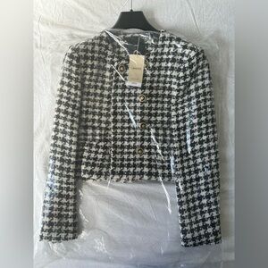 Mango Chic Black and White Houndstooth tweed Jacket XS